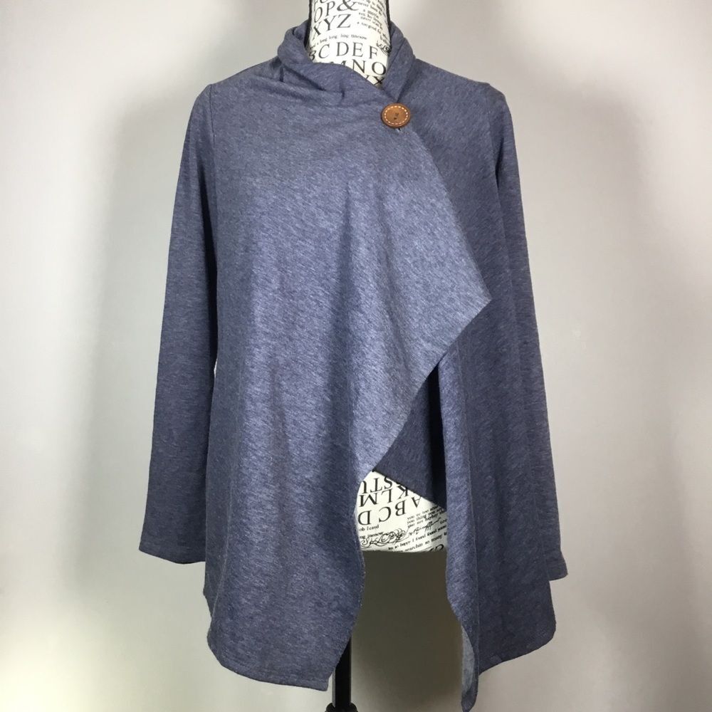 Blue cardigan duster wrap shawl large brown button closure countryside size S